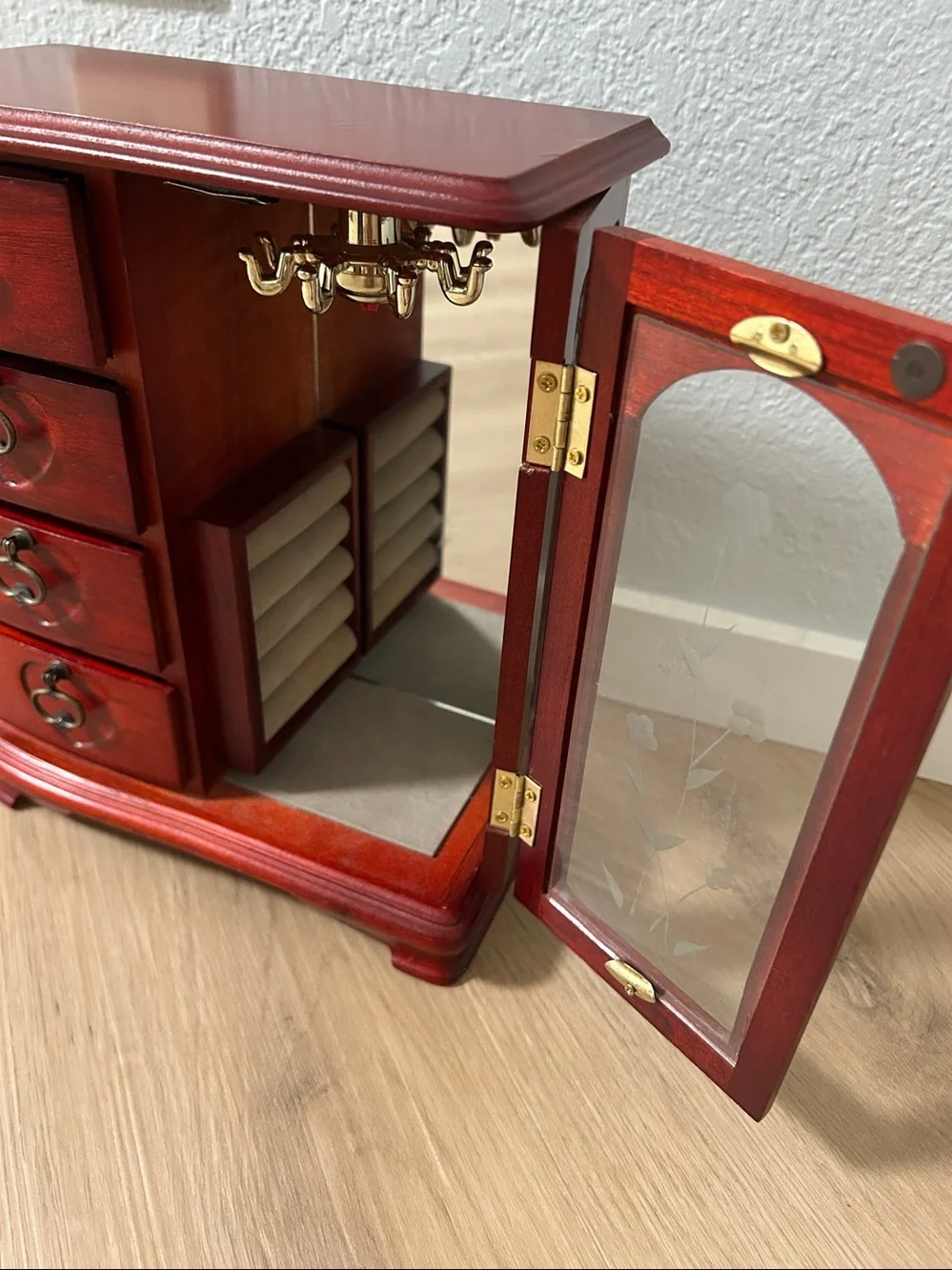Red Wooden Jewelry Armoire with Glass Door Jewelry Wood Storage Cabinet-Small